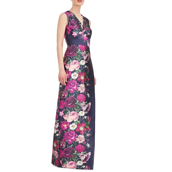 NEW KAY UNGER Coraline NAVY FLORAL SATIN Faux Wrap PLEATED Sheath COLUMN GOWN 8 - Picture 9 of 15